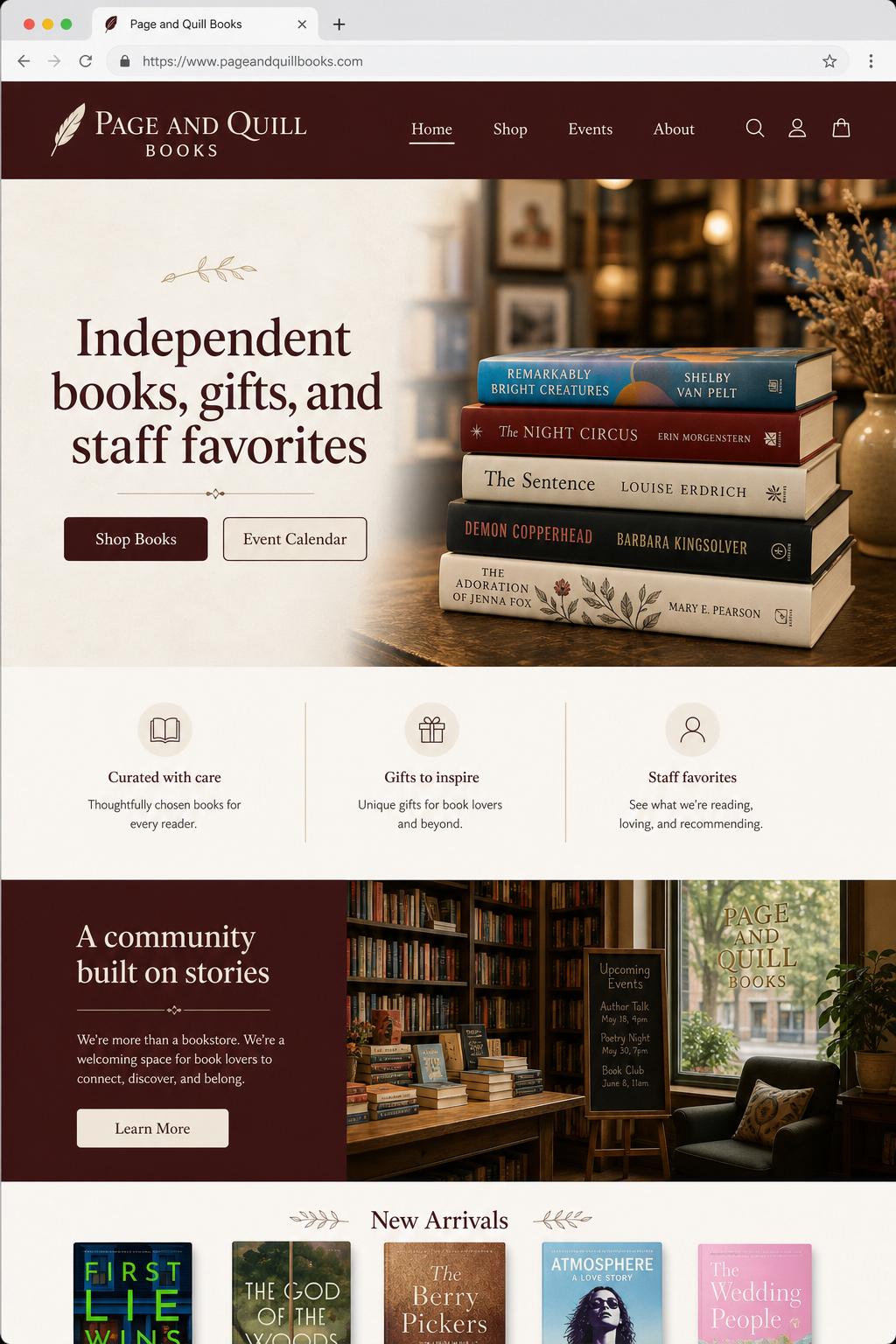 Page & Quill Books homepage example