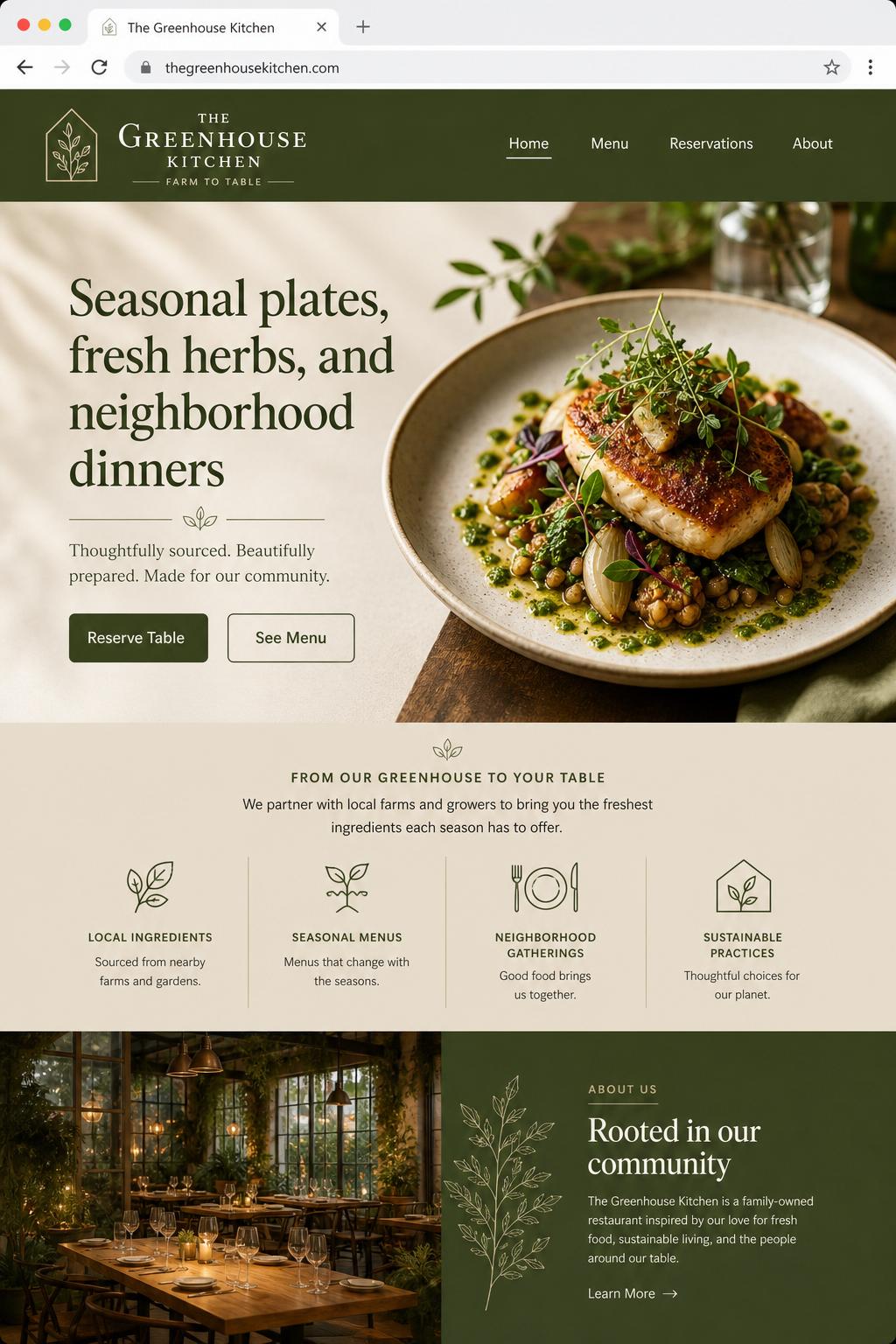 The Greenhouse Kitchen homepage example